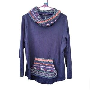 Chaps Knit Shirt Fair Isle Sweater Cowl Pouch Pocket Blue Women's Size 1X